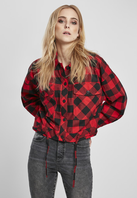 Urban Classics Ladies Short Oversized Check Shirt black/red akciós termékkép 1